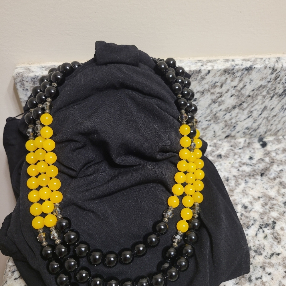 Black and Gold 3 Strand Beaded Necklace